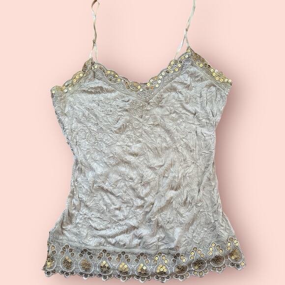 Vtg Y2K Lace Tank Top Womens Large Adjustable Strap Fairy Grunge Sequin Crinkle - Picture 1 of 4